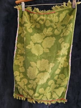Vintage Well Loved And Repaired And Green Floral Jacquard Hand Towel
